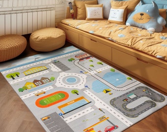 Tapis pour enfants GAME Chambre d'enfant Poils courts Tapis de jeu de la circulation Voiture Gris