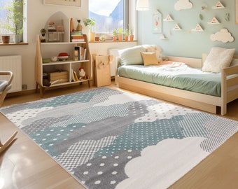 Nuage Tapis d'enfant poils courts chambre d'enfant et bébé multicolore gris bleu