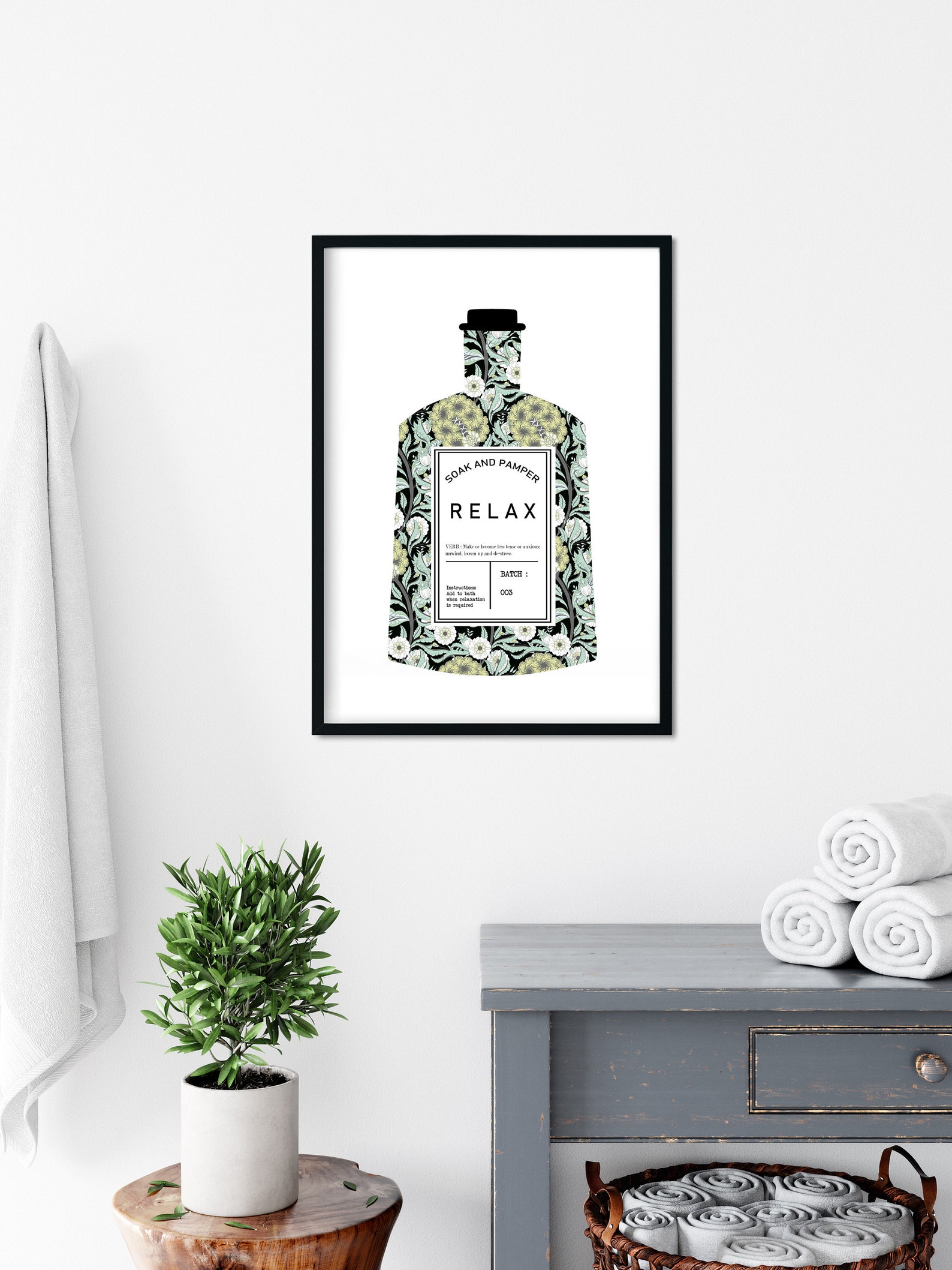 Relax Bathroom Art Digital Printable, Arts and Crafts Style Botanical ...