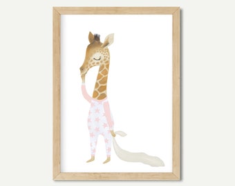 Baby Giraffe nursery art printable, Boho pink kids room animal art.