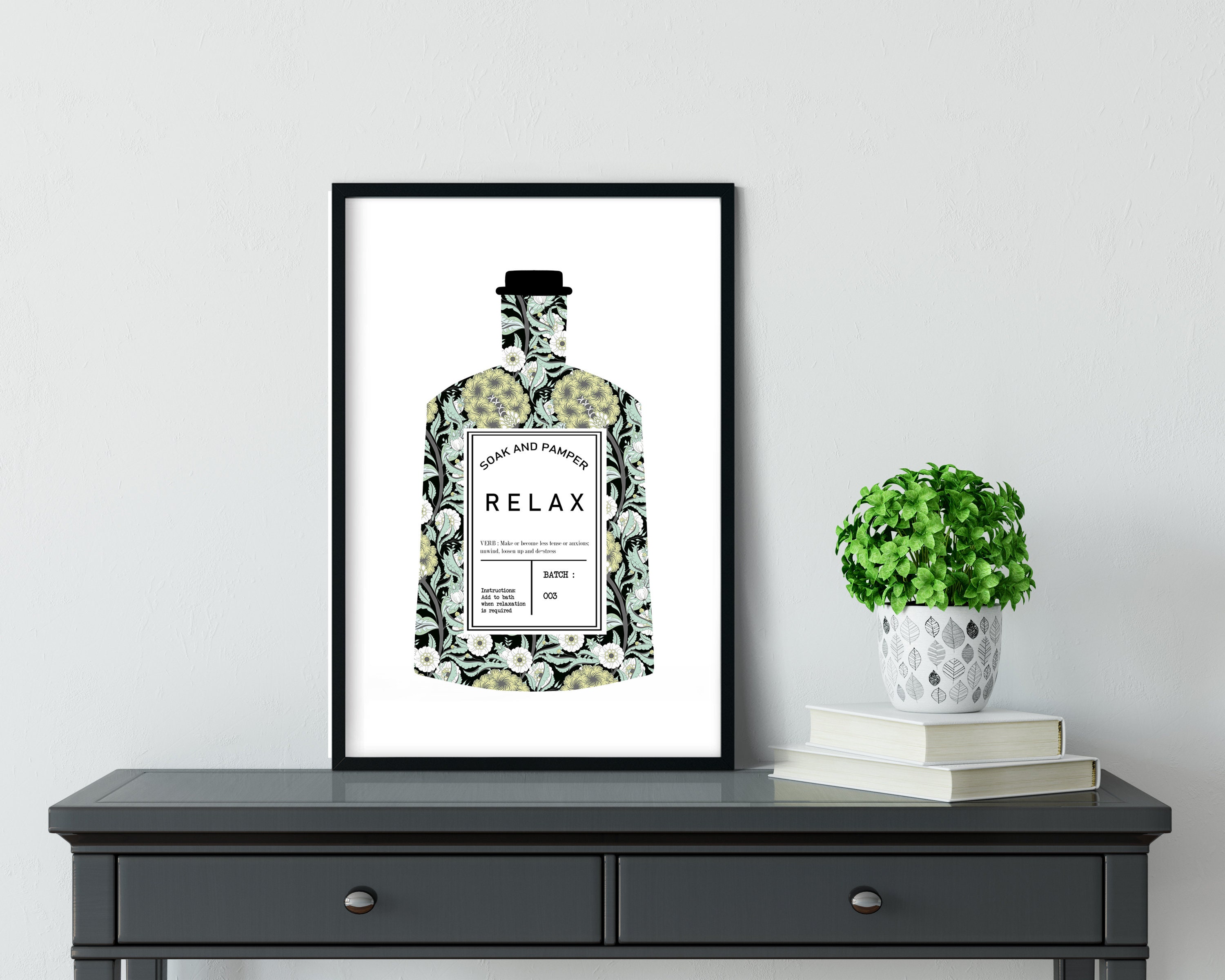 Relax Bathroom Art Digital Printable, Arts and Crafts Style Botanical