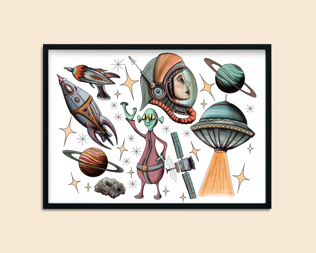 Premium Vector  Handdrawing vector illustration retro alien space tattoo