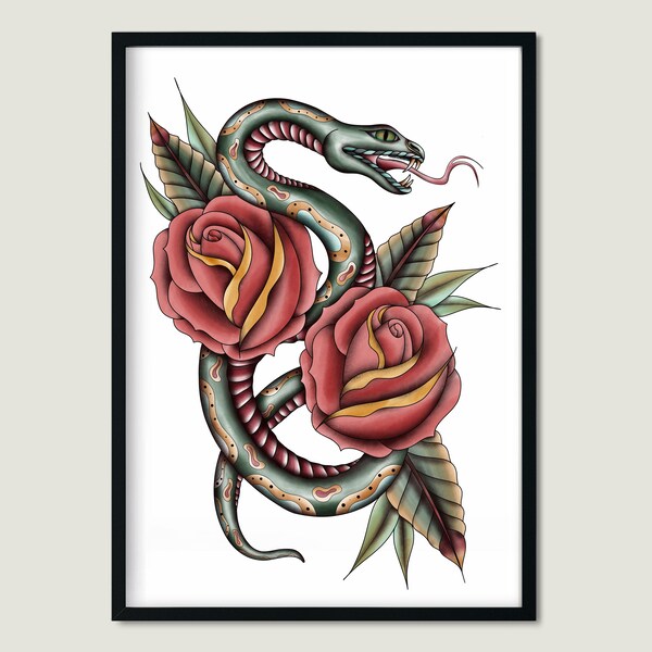 Serpent et roses tatouage art impression, art de tatouage classique, Fleur tatouage style art impression, Snake mur décor, Impression d’art animal