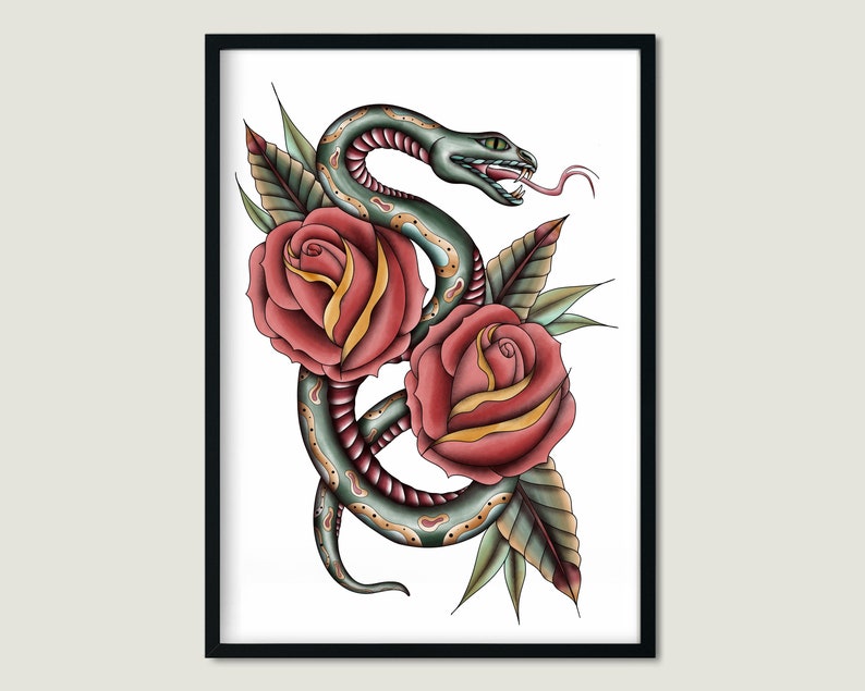 Snake and Roses Tattoo Art Print Classic Tattoo Art Flower Etsy