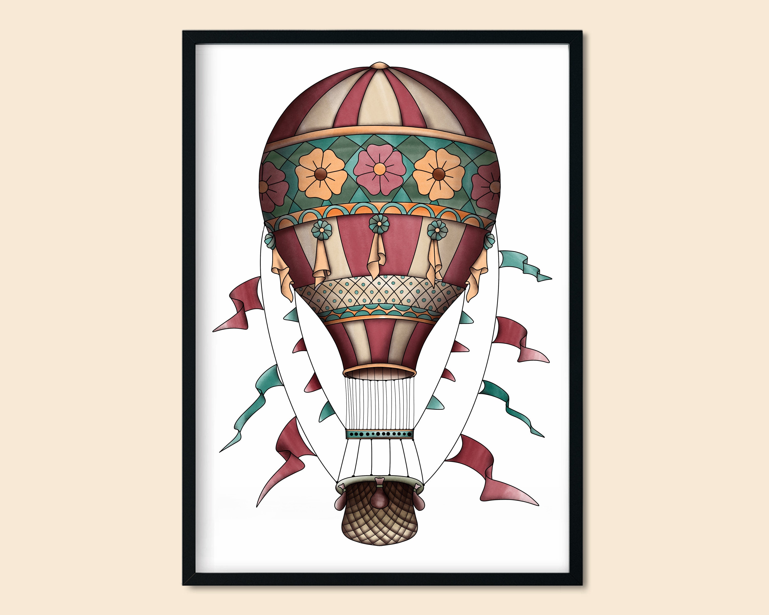 Vintage Hot Air Balloon Art Print Balloon Tattoo Art Print Etsy
