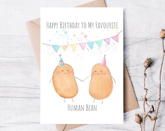 Happy Birthday To My Favourite Human Bean | Handmade Birthday Card | Greeting Card | Watercolour Birthday Card | Punny Cute Birthday Card