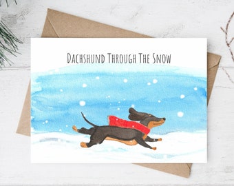 Dachshund Through The Snow | Handmade Christmas Card | Greeting Card | Watercolour Greeting Card | Punny Cute Dog Dachshund Christmas Card