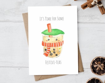 It's Time for Some Festivi-teas | Handmade Christmas Card | Greeting Card | Watercolour Greeting Card | Punny Cute Greeting Card