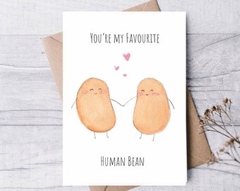 Handmade Valentine's Day Anniversary Card | You're My Favourite Human Bean | Greeting Card | Love Card | Cute Punny Card