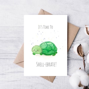 It's Time to Shell-ebrate | Handmade Congratulations Card | Greeting Card | Watercolour Celebration Card | Punny Cute Turtle Card