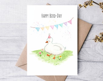 Handmade Birthday Card | Happy Bird-day | Greeting Card | Watercolour Birthday Card | Punny Cute Duck Birthday Card