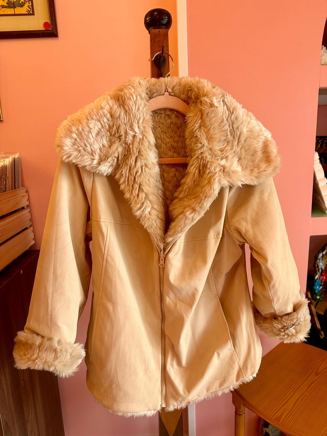 Vintage Biege Faux Fur Hooded Leather Coat 12 14