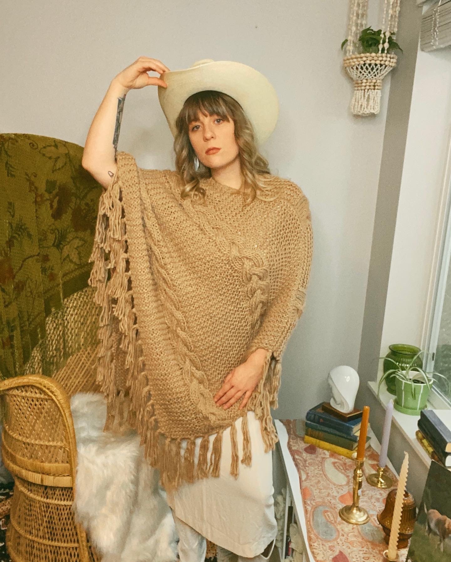 Y2K Beige Cable Knit Poncho - Etsy