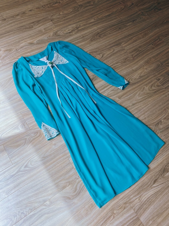 70s Vintage JC Penny Teal Prairie Lace Dress - image 1