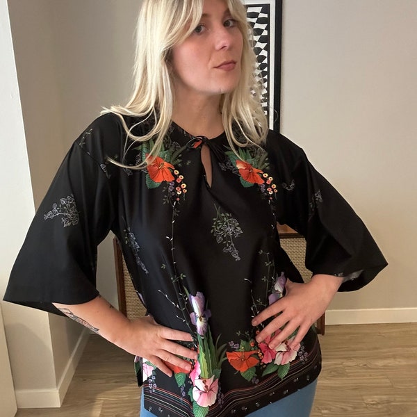 1970s Vintage Light Soft Black Floral Bell Sleeve Top