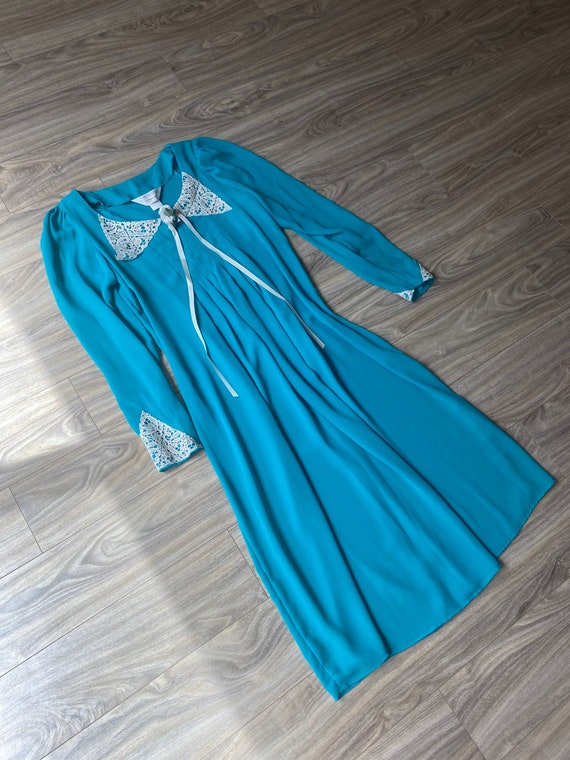 70s Vintage JC Penny Teal Prairie Lace Dress - image 2