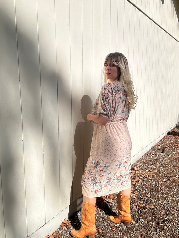 70s Red Abstract Print Semi Sheer Dress S/M