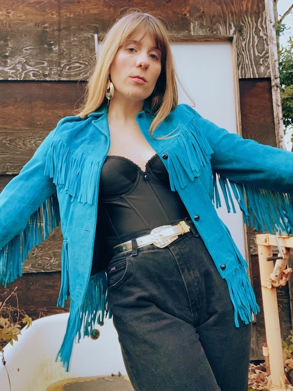 Vintage Teal Suede Fringe Jacket
