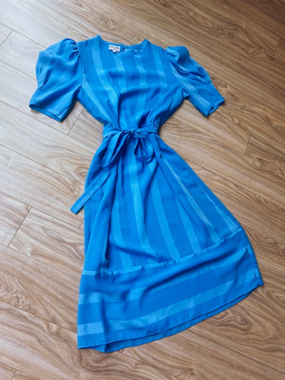 70s Blue Striped Sheer Day Dress - image 1