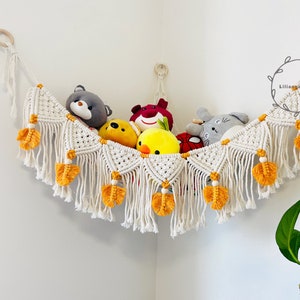 Macrame Stuffed Animal Corner Hammock, Boho Nursery Toy Organizer