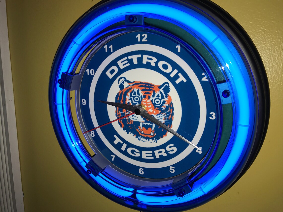 Detroit Tigers Baseball Throwback Bar Man Cave Blue Neon Clock Etsy
