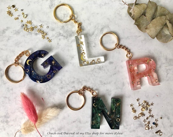 Pink Resin Letter Keyring Stars Initial Keychain Galaxy