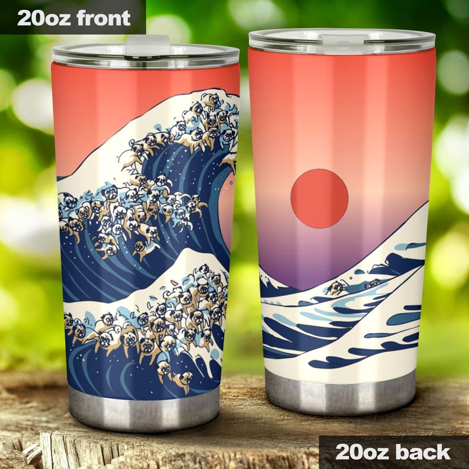 Japanese Kanagawa The Great Wave Of Pug Tumbler 11 Travel Etsy
