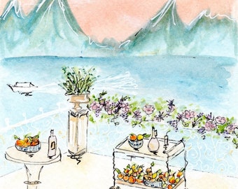 Amalfi Coast Sunset Painting: Italian Summer Bar Cart Art Print