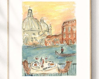 Venice Italy Painting: Pasta Dinner with Gondola, Signed Print