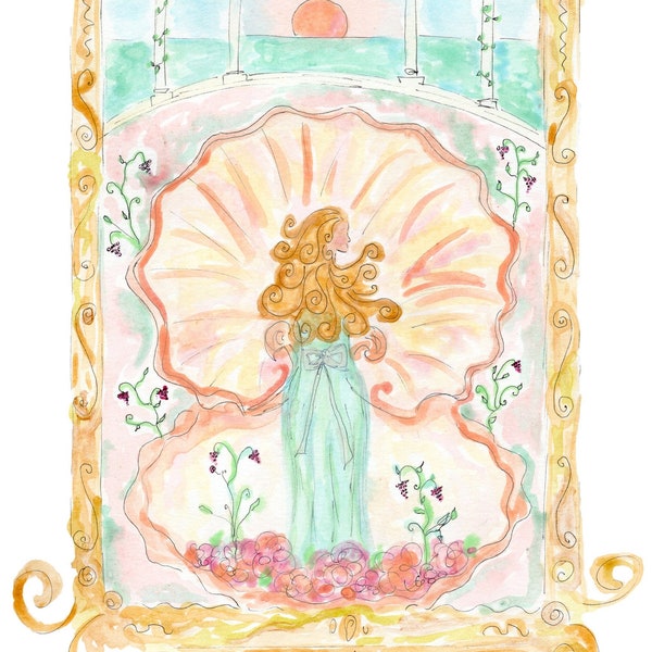 Goddess Venus Painting | Birth of Venus Art in Seashell with Sunrise Over the Sea | Roman Goddess Decor