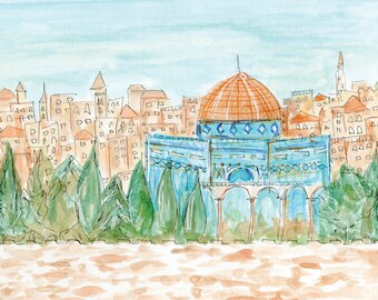 Jerusalem Painting Skyline | Al Aqsa Mosque Wall Art | Wailing Wall Painting Print