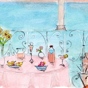 May include: A watercolor painting of a pink tablecloth with a variety of items on it, including a glass of wine, a bottle of wine, a vase with flowers, a bowl of fruit, and a bowl of berries. The table is set on a balcony with a blue sky in the background.