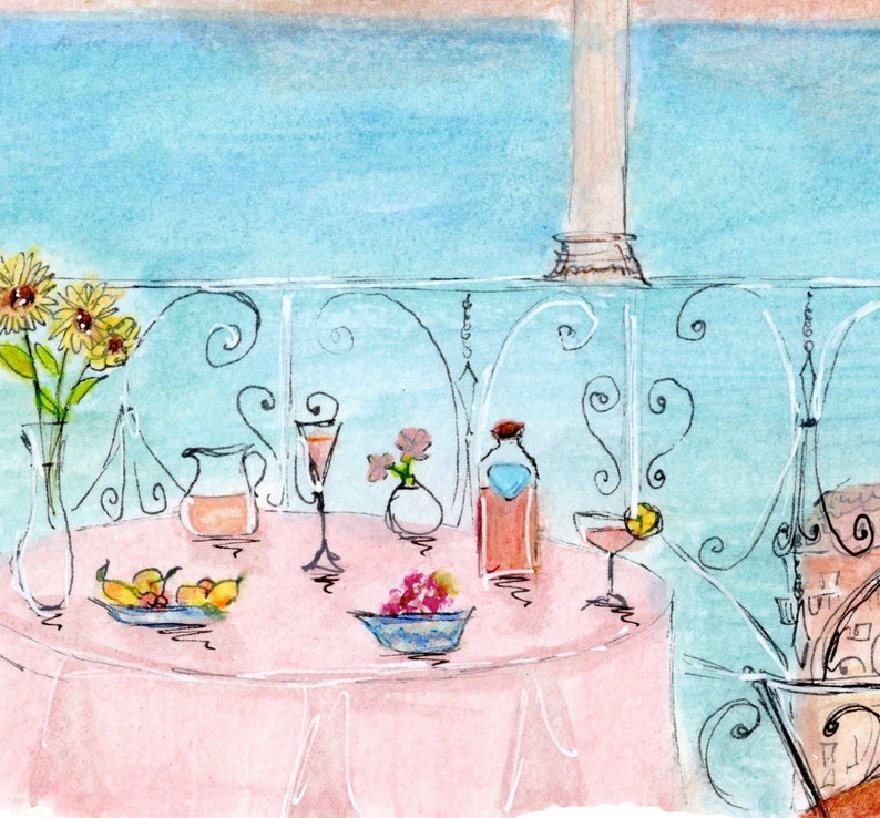 May include: A watercolor painting of a pink tablecloth with a variety of items on it, including a glass of wine, a bottle of wine, a vase with flowers, a bowl of fruit, and a bowl of berries. The table is set on a balcony with a blue sky in the background.