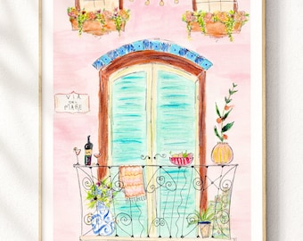 Italian Terrace Painting /  Aperitivo in Rome Art / Rome Balcony Print /  Summer in Italy Balcony / Italian Summer Aperitivo Print