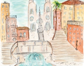 Spanish Steps Rome Print: Italian City Watercolor Art (12x9'')