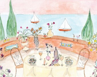 Italian Dinner Party Painting Overlooking the Sea | Pasta and Wine Wall Art for Italian Kitchen Decor