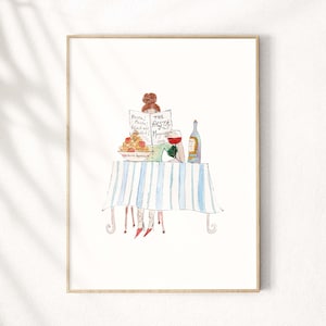 Pasta & Pages Watercolor Art Print – Cozy Dining Scene with Spaghetti, Wine and a Good Read | Kitchen and Dining Room Decor