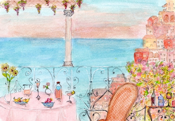 Summer in Italy Painting | Positano Print | Amalfi Coast Decor | Colorful Italian Seaside Scenery Painting