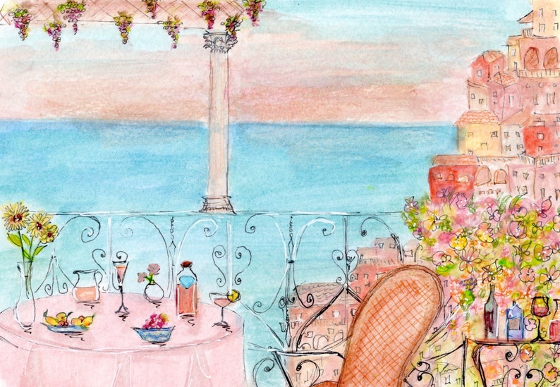 May include: A watercolor painting of a balcony overlooking the ocean with a pink tablecloth, glasses, and a bottle of wine. The balcony has a wrought iron railing and a white column. There are buildings in the background and a bouquet of flowers in a vase on the right side of the image.