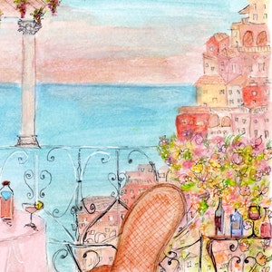 May include: A watercolor painting of a balcony overlooking the ocean. The balcony has a wrought iron railing and a table with two chairs. There are flowers in pots on the railing and a bottle of wine on the table.