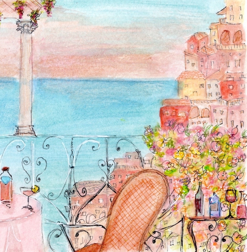 May include: A watercolor painting of a balcony overlooking the ocean. The balcony has a wrought iron railing and a table with two chairs. There are flowers in pots on the railing and a bottle of wine on the table.