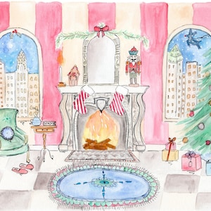 Christmas Eve at the Plaza Hotel in NYC Painting | New York City Christmas Print with Reindeer, Nutcracker, Fireplace and NYC Skyline