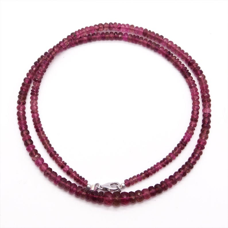 Pink Tourmaline Beaded Necklace,Natural Tourmaline Necklace,3.5-6MM Faceted Gemstone Jewelry,Tourmaline Beads Mala,925 Sterling Silver Clasp