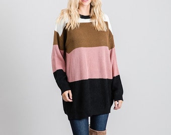 Ribtorsp Womens Color Block Sweater Knit Jumper Oversized Sweaters Crew Neck Long Sleeve Pullover Tops