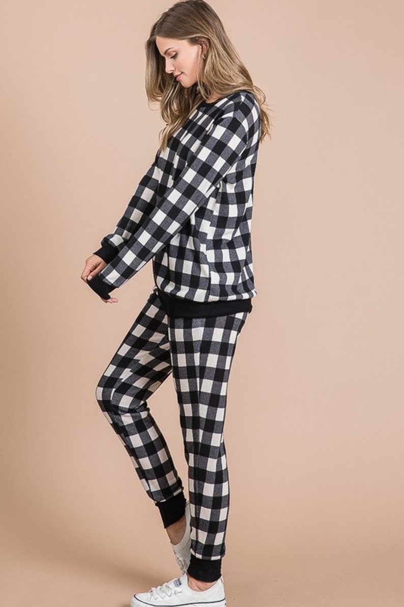 Buffalo Plaid Print Round Neckline Long Sleeve Pajama Set | Etsy