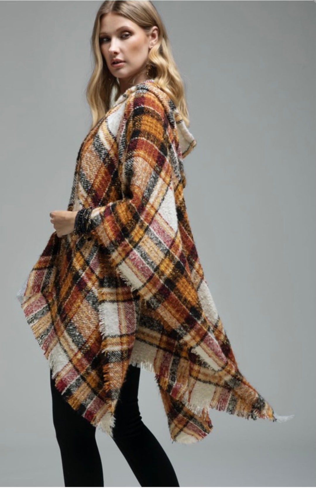 Yarn Dye Plaid Ruana Fall Winter Women Hooded Scarf Scarf Poncho ...