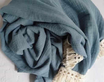 Baby Blanket Tassel Cotton Blanket - Blue
