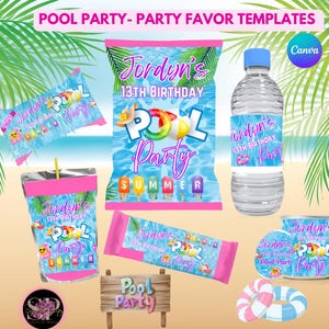 Pool Party bearbeitbare Party Favor Vorlagen, Chip Bag Vorlage, Canva Digital Download, Pinktöne, Sommer Geburtstagsfeier Vorlage