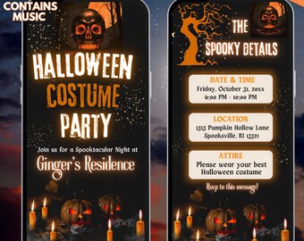May include: Two smartphone screens displaying a Halloween Costume Party invitation. The left screen features a skull, pumpkins, and text that reads "Halloween Costume Party." The right screen shows party details, including date, time, location, and attire.