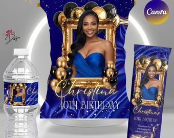 Royal Blue Birthday Party Favors Template: Chip Bag, Water Bottle, Candy Wrapper (Digital Download)